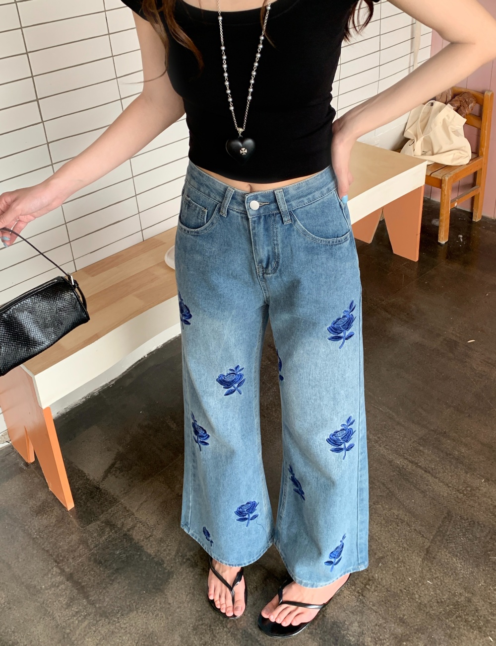 Rose high waist wide leg pants loose straight jeans for women