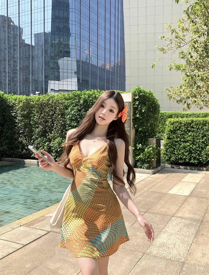 Sling irregular printing summer mixed colors dress for women