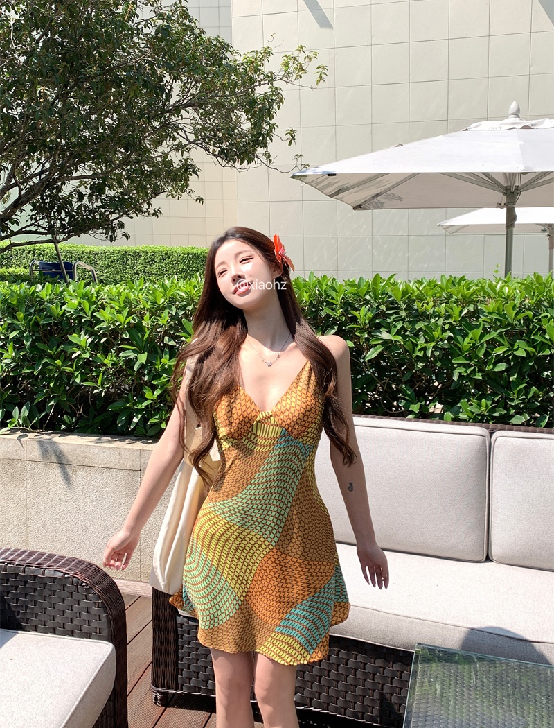Sling irregular printing summer mixed colors dress for women