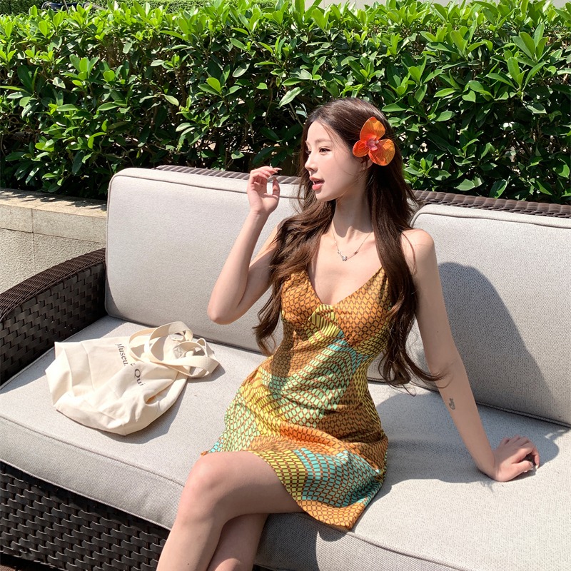 Sling irregular printing summer mixed colors dress for women