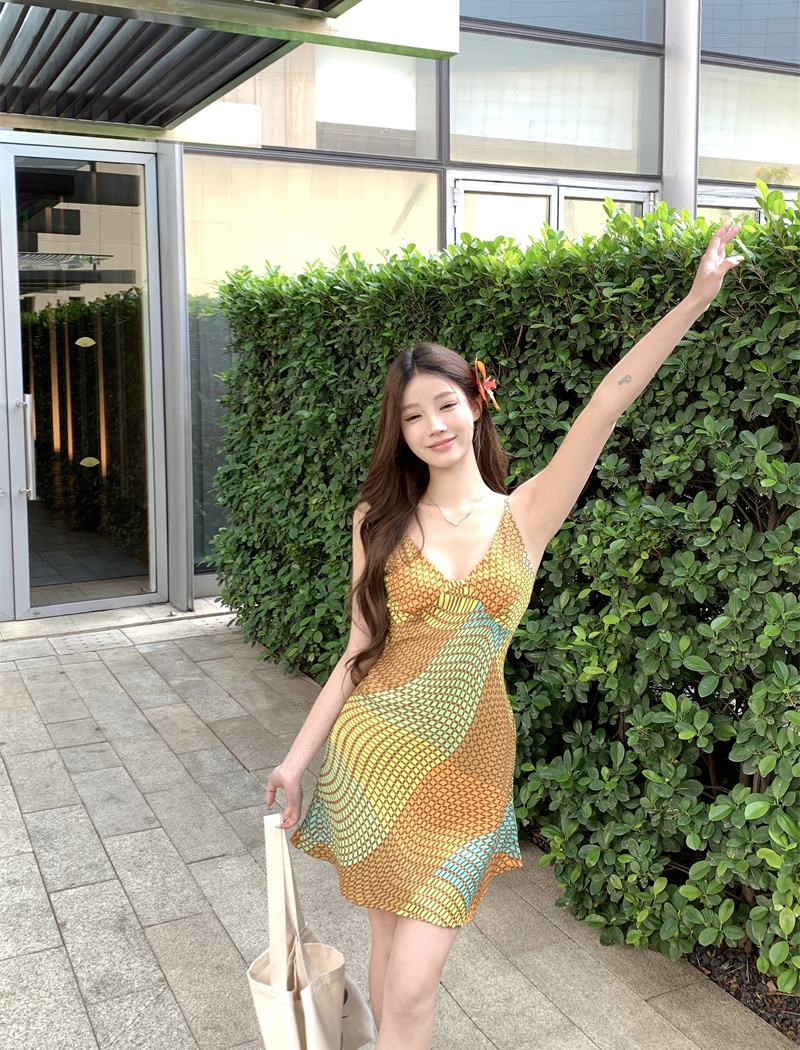 Sling irregular printing summer mixed colors dress for women
