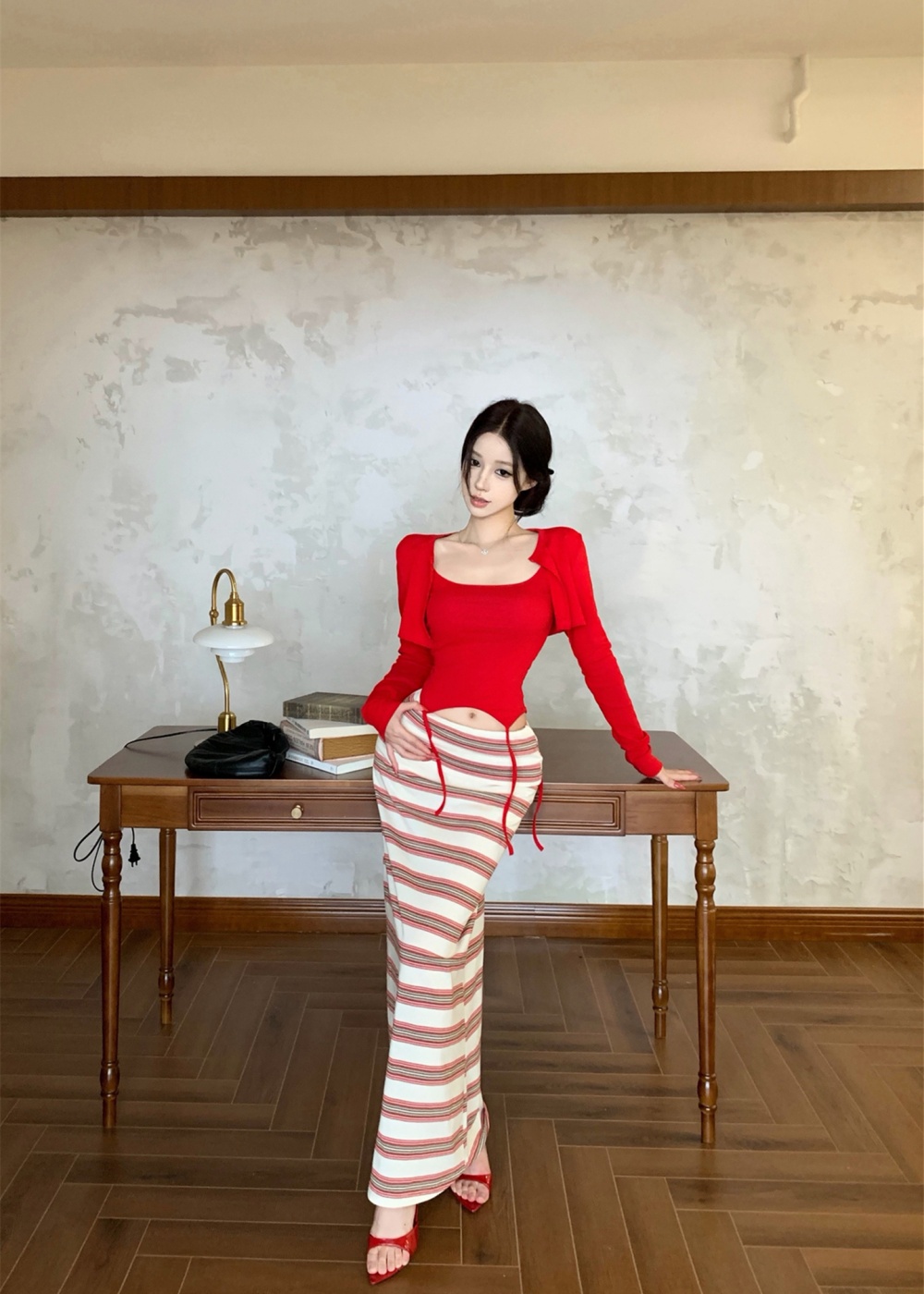 Stripe all-match skirt slim summer tops 3pcs set for women