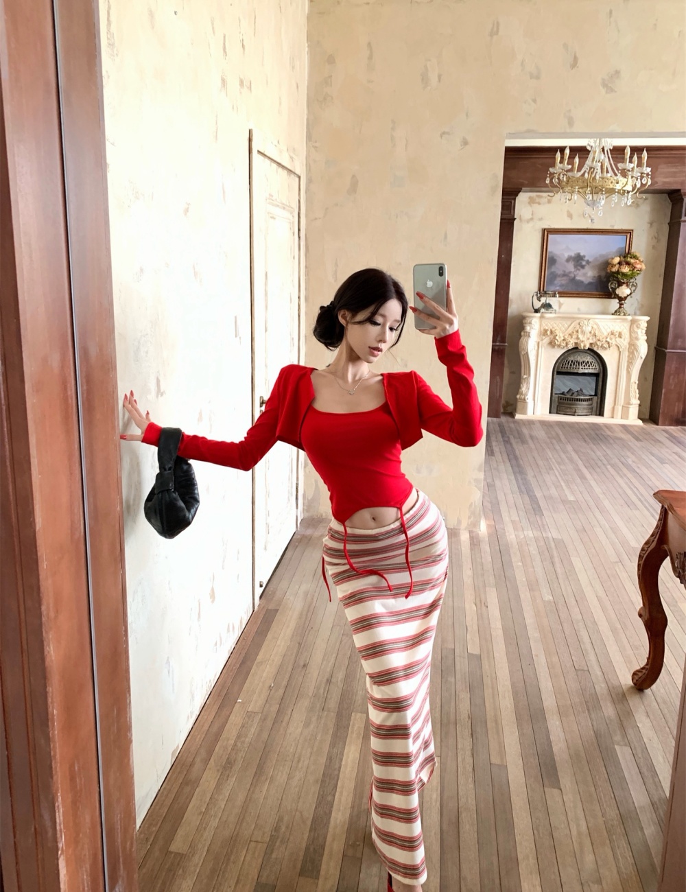 Stripe all-match skirt slim summer tops 3pcs set for women