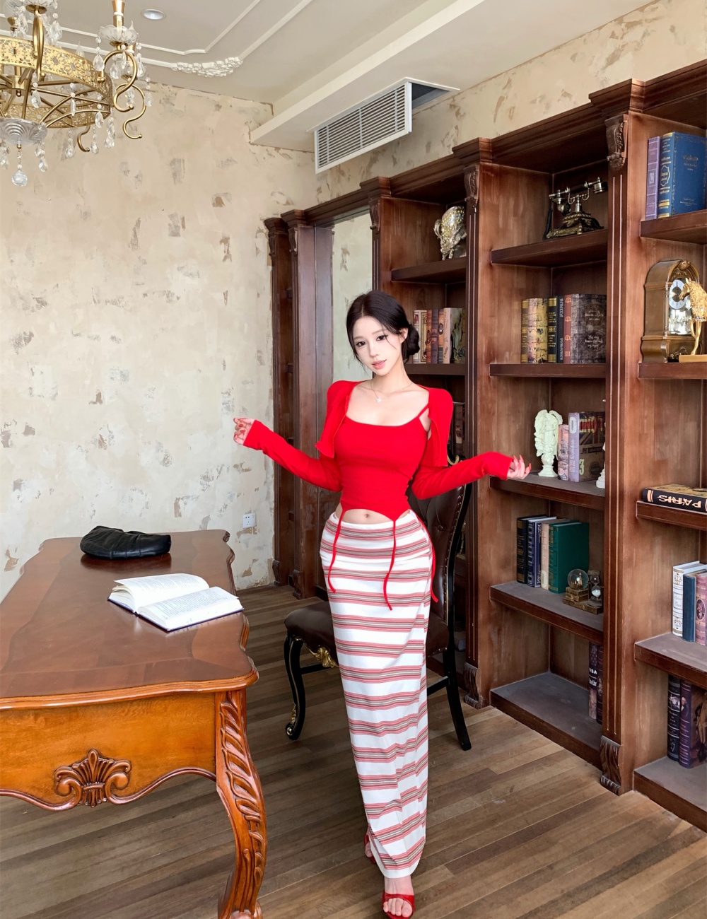 Stripe all-match skirt slim summer tops 3pcs set for women
