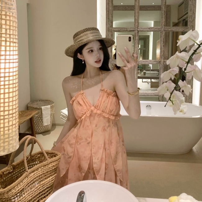 Halter bandage with chest pad vacation dress