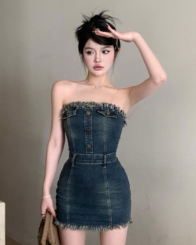Wrapped chest denim dress package hip temperament T-back