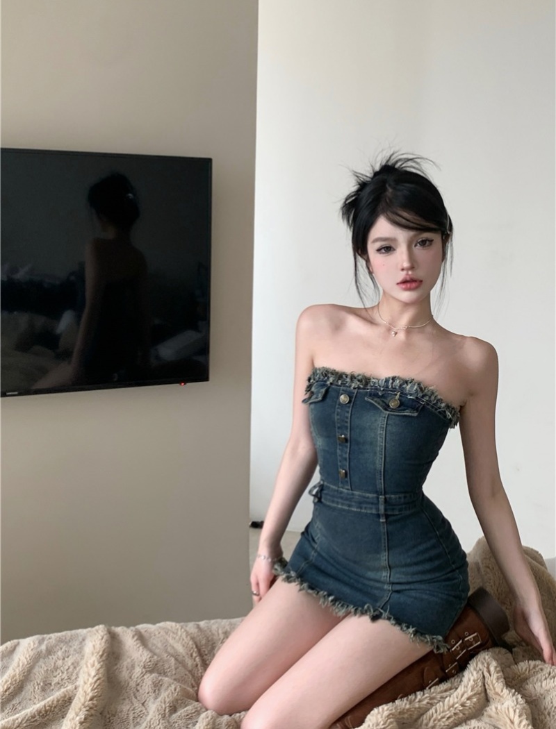 Wrapped chest denim dress package hip temperament T-back