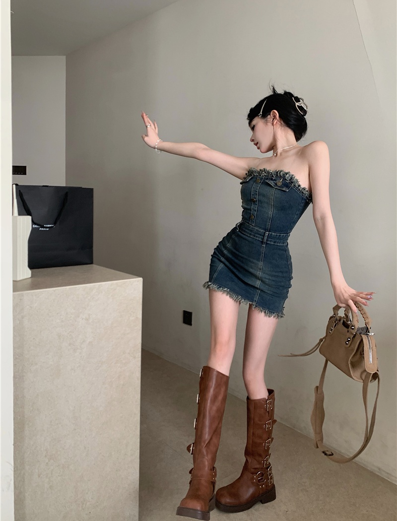 Wrapped chest denim dress package hip temperament T-back