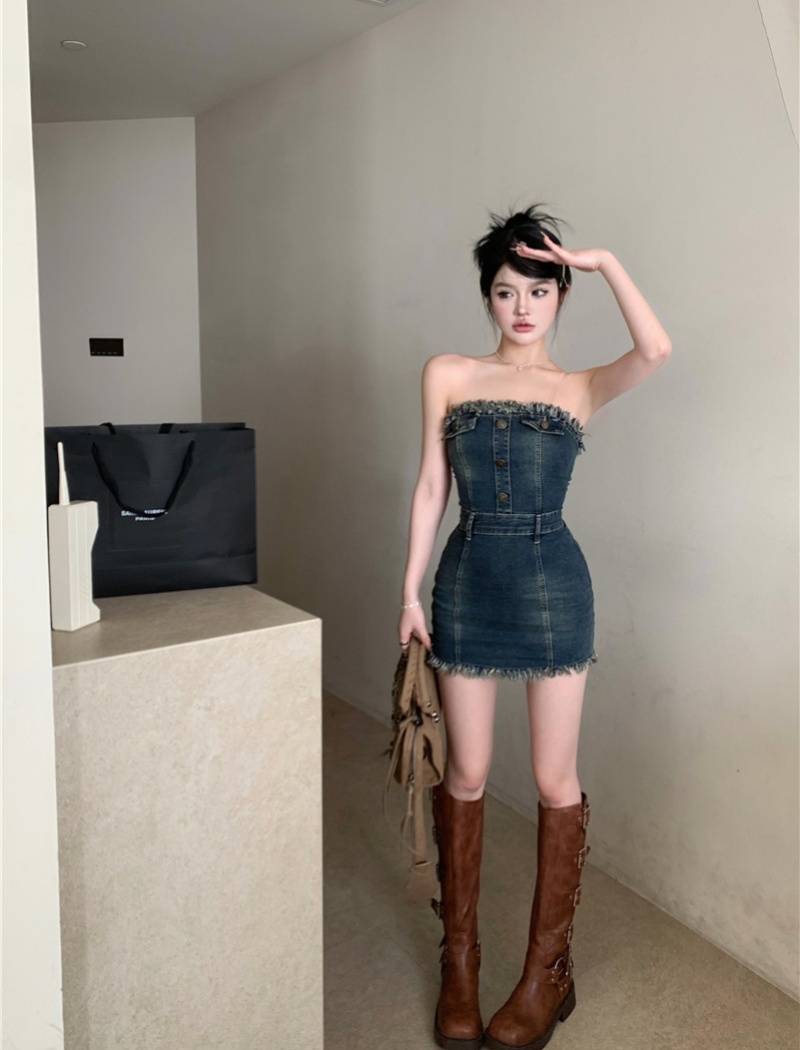 Wrapped chest denim dress package hip temperament T-back