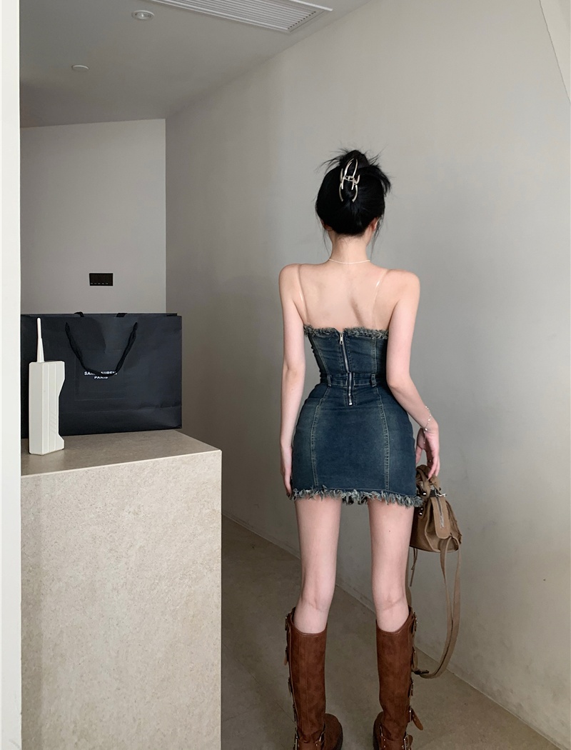 Wrapped chest denim dress package hip temperament T-back