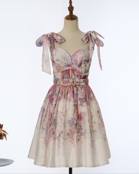Tender short bow dress pinched waist printing belt