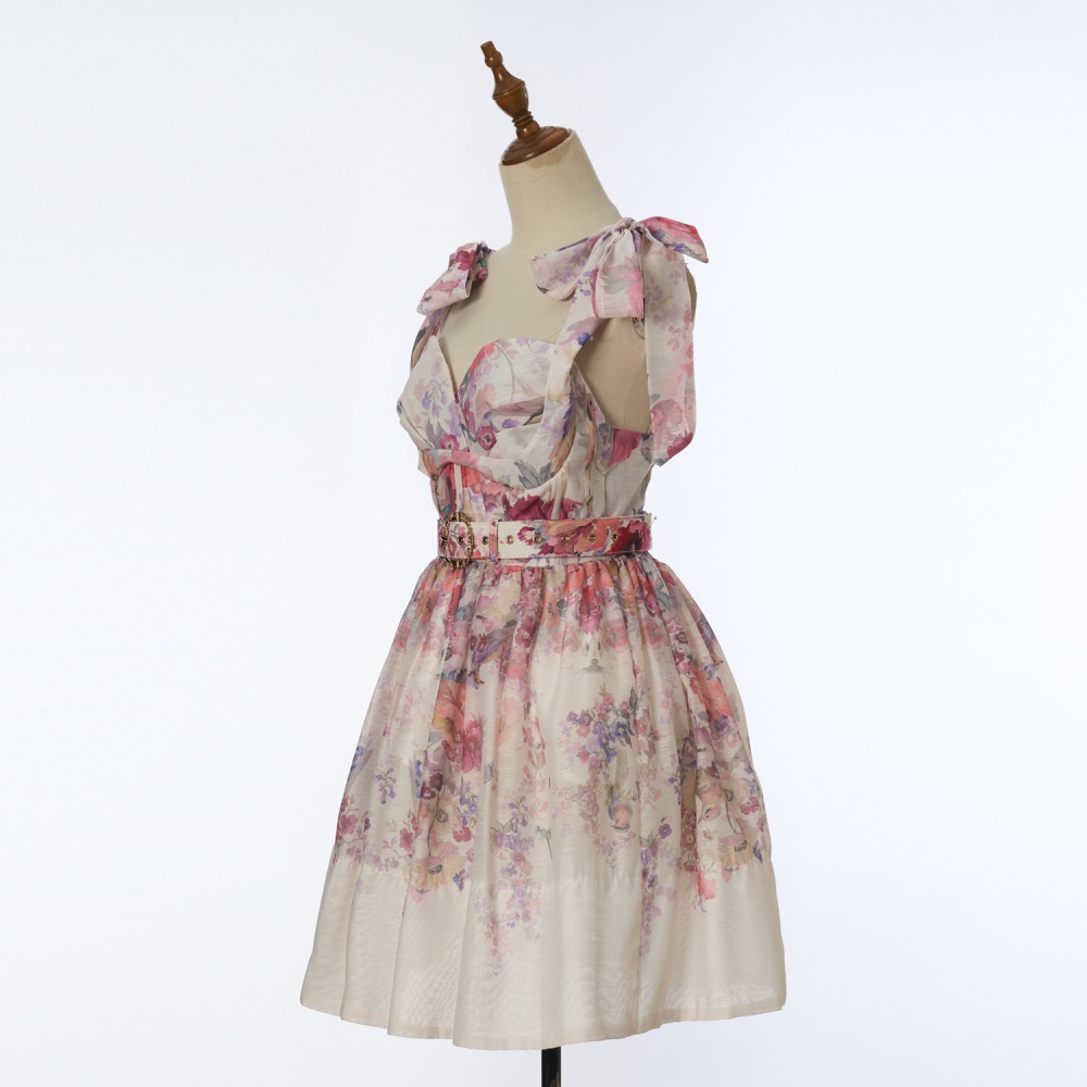 Tender short bow dress pinched waist printing belt