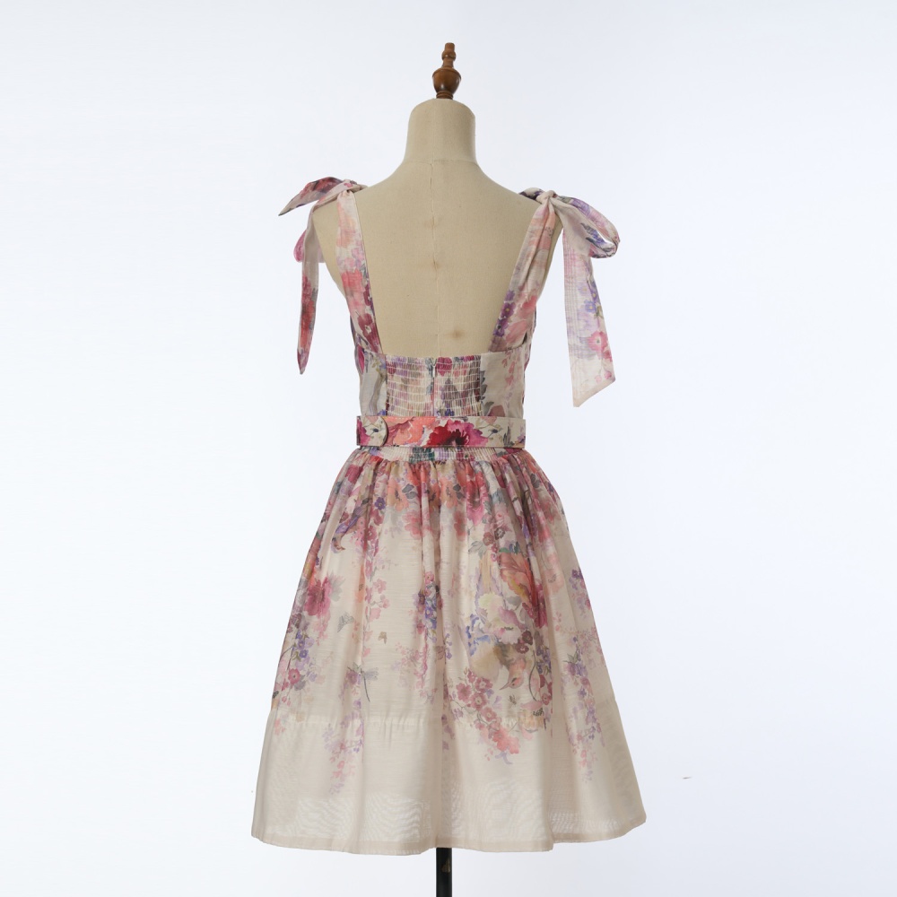 Tender short bow dress pinched waist printing belt