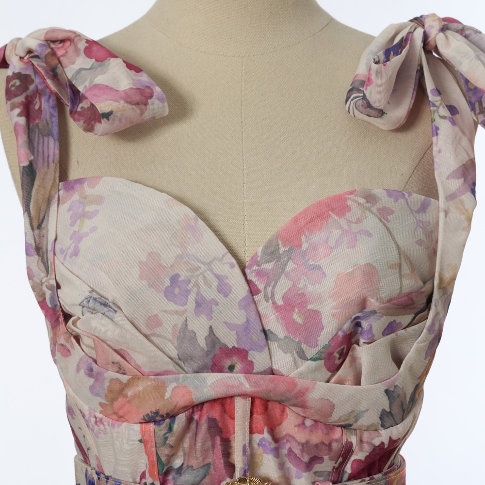 Tender short bow dress pinched waist printing belt