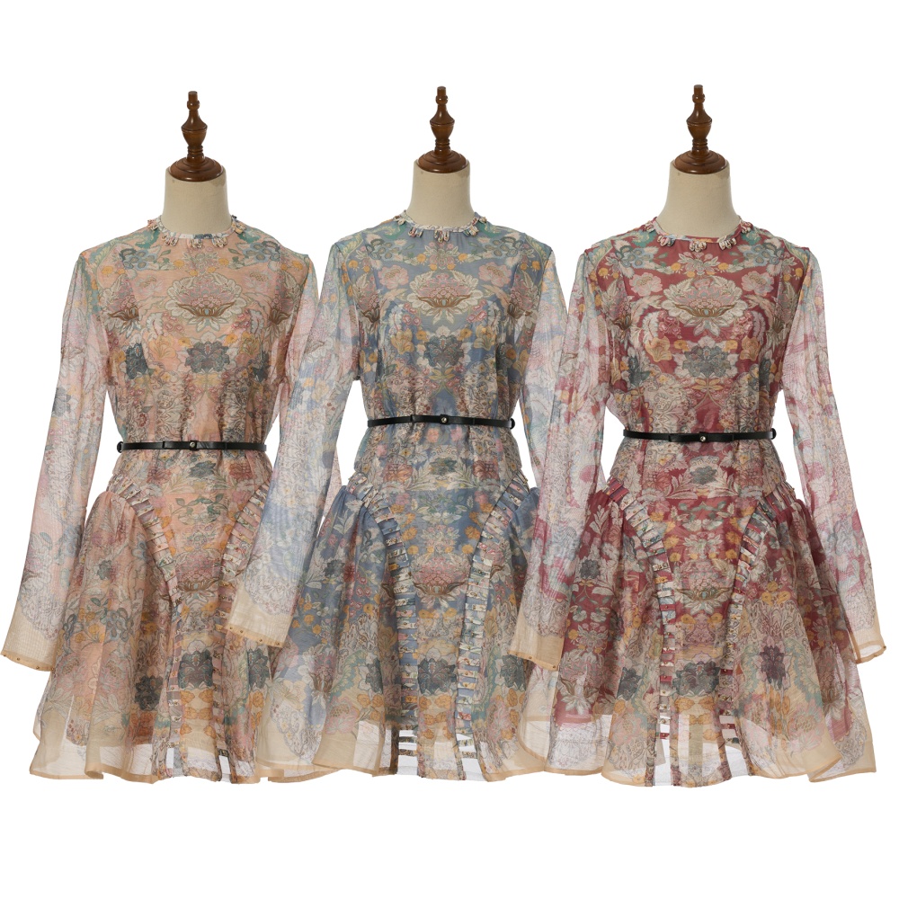 Silk linen long sleeve with belt short dress
