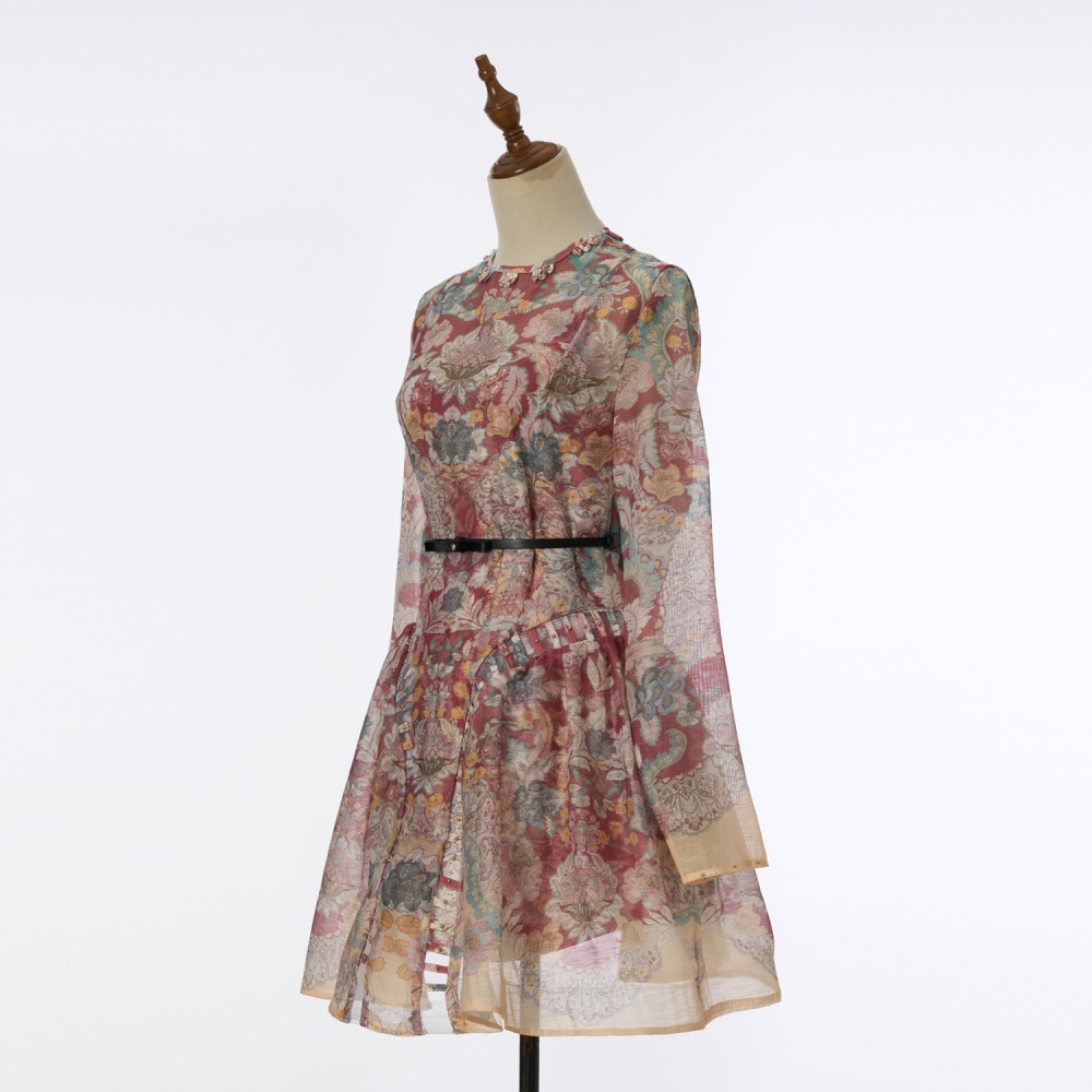 Silk linen long sleeve with belt short dress