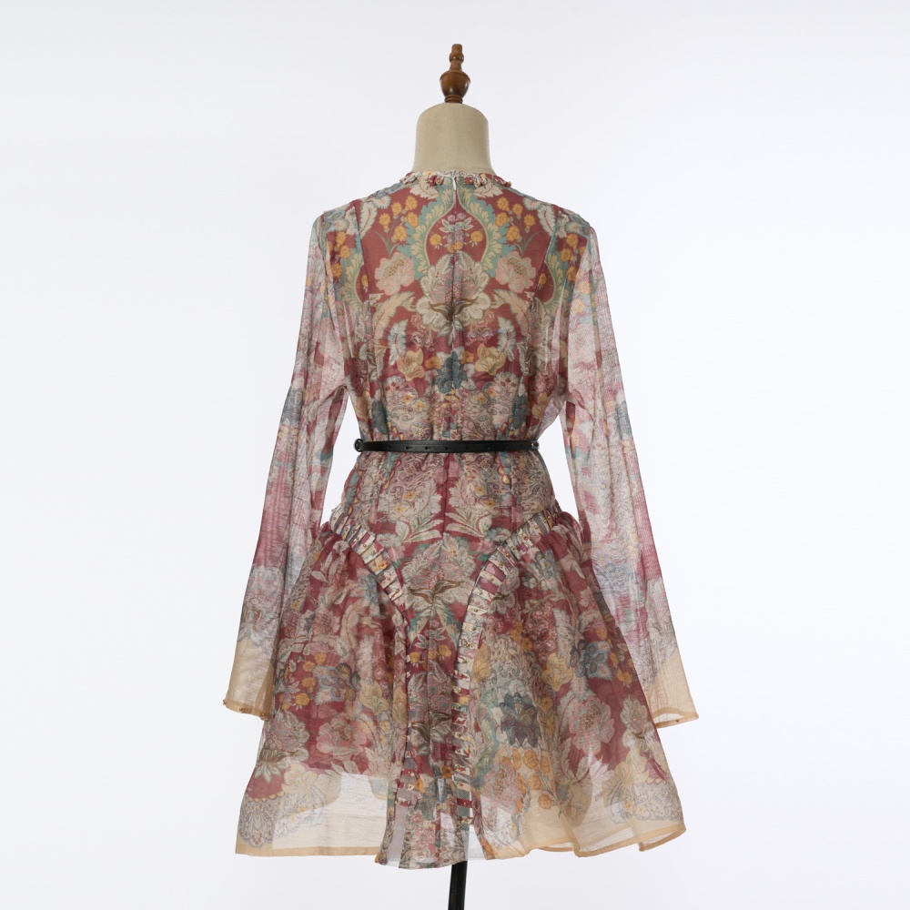 Silk linen long sleeve with belt short dress