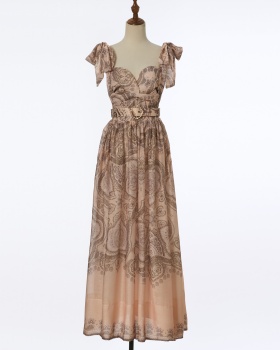 Printing tender belt pinched waist bow dress