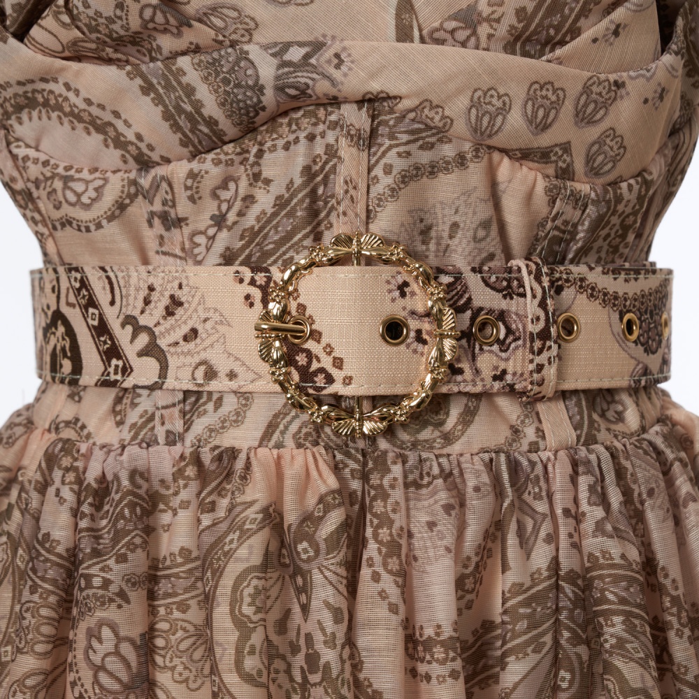 Printing tender belt pinched waist bow dress