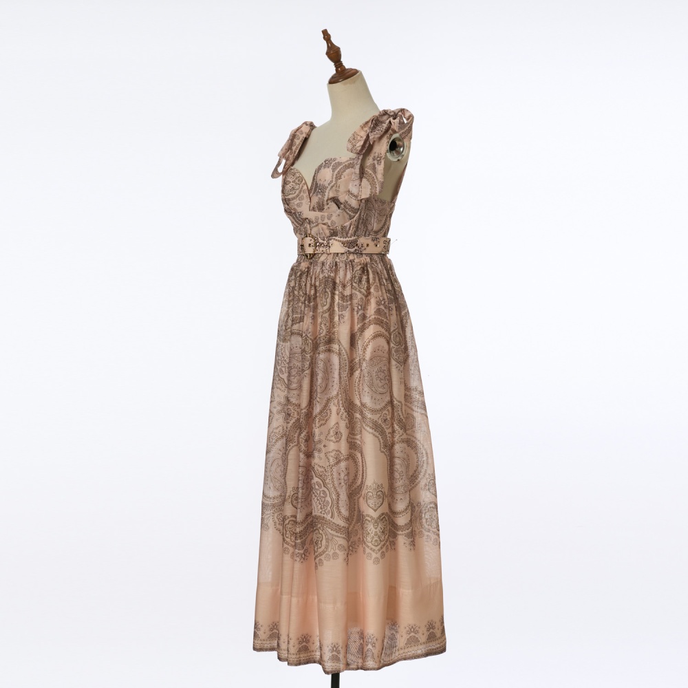 Printing tender belt pinched waist bow dress