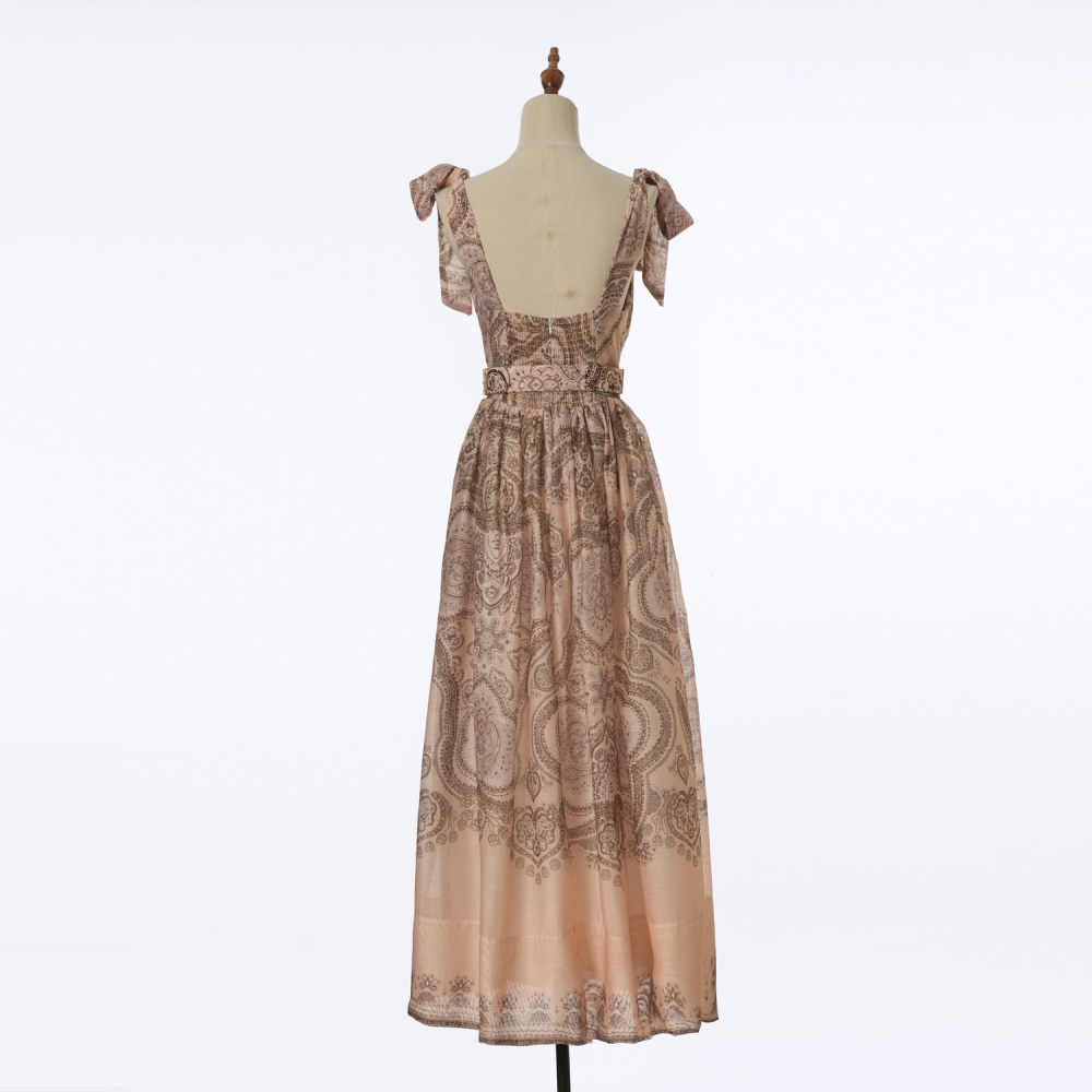 Printing tender belt pinched waist bow dress