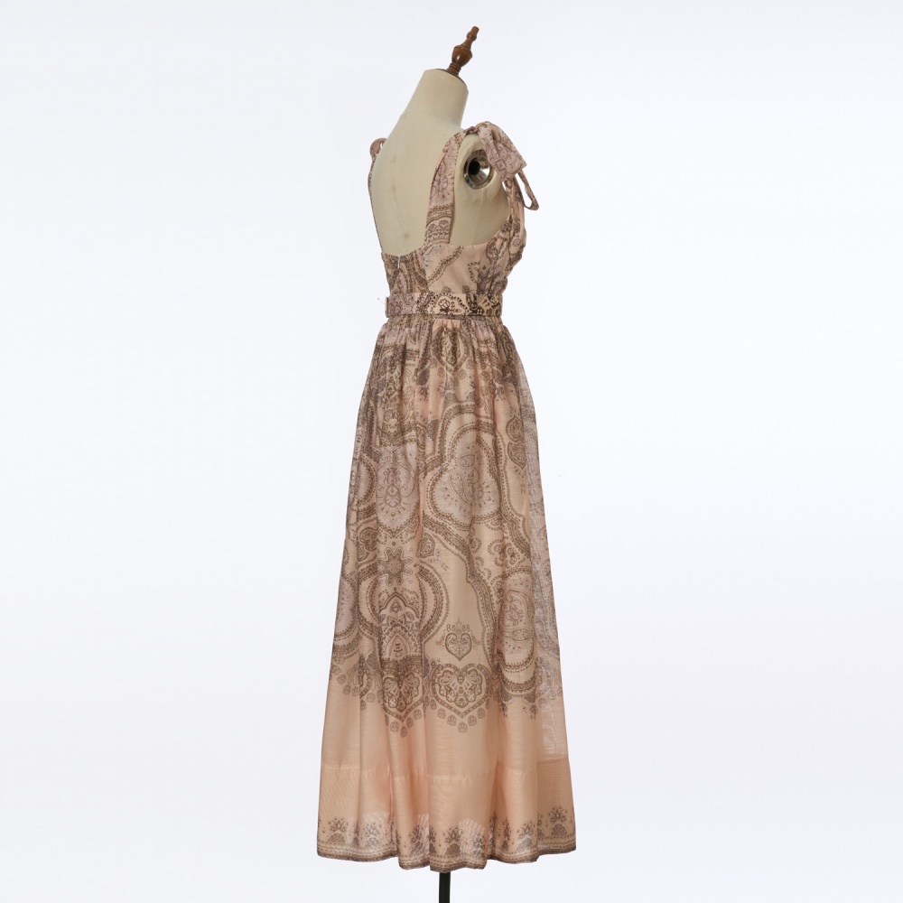 Printing tender belt pinched waist bow dress