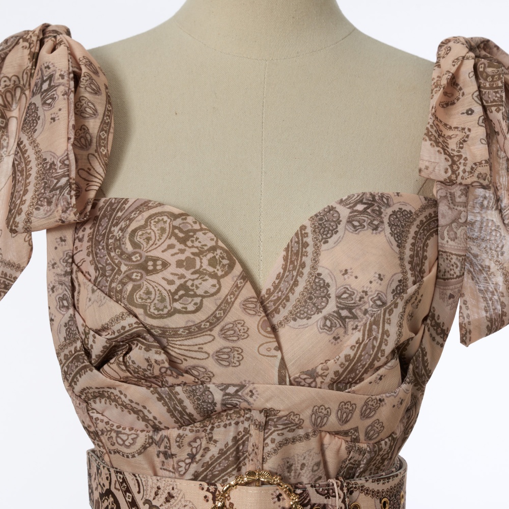 Printing tender belt pinched waist bow dress