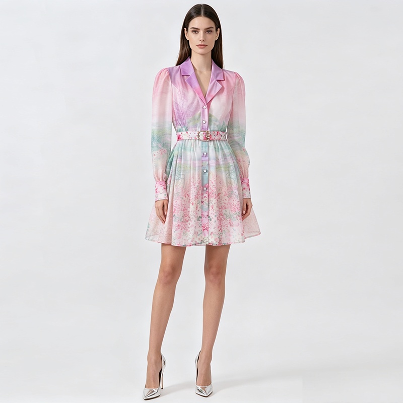 Court style retro spring and summer dress printing short shirt