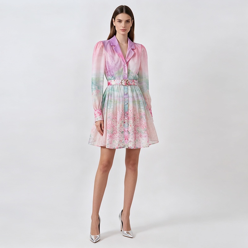 Court style retro spring and summer dress printing short shirt