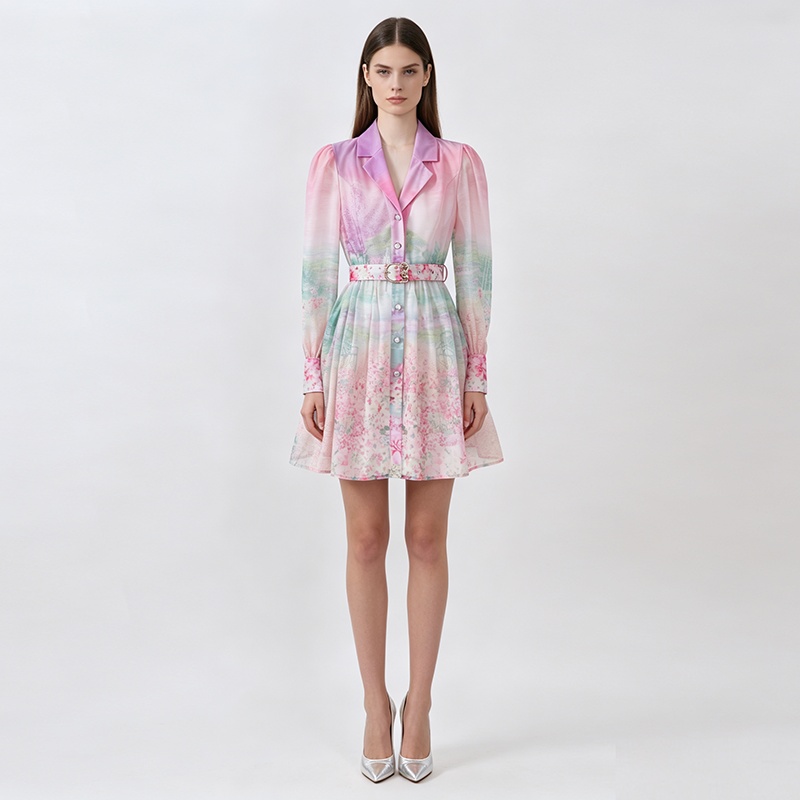 Court style retro spring and summer dress printing short shirt