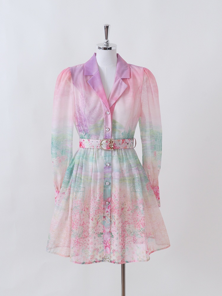 Court style retro spring and summer dress printing short shirt