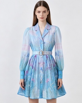 Retro short shirt court style printing dress