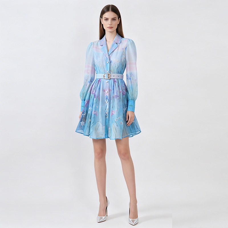 Retro short shirt court style printing dress