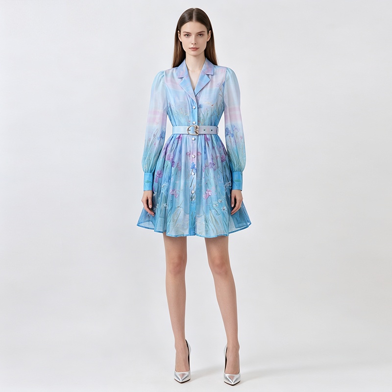 Retro short shirt court style printing dress