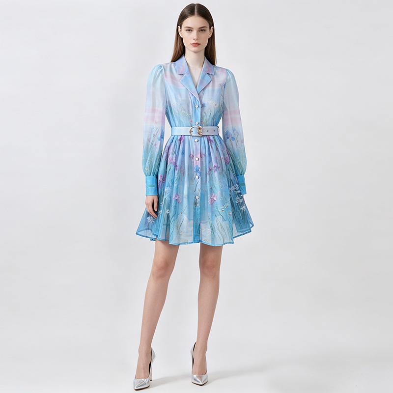 Retro short shirt court style printing dress