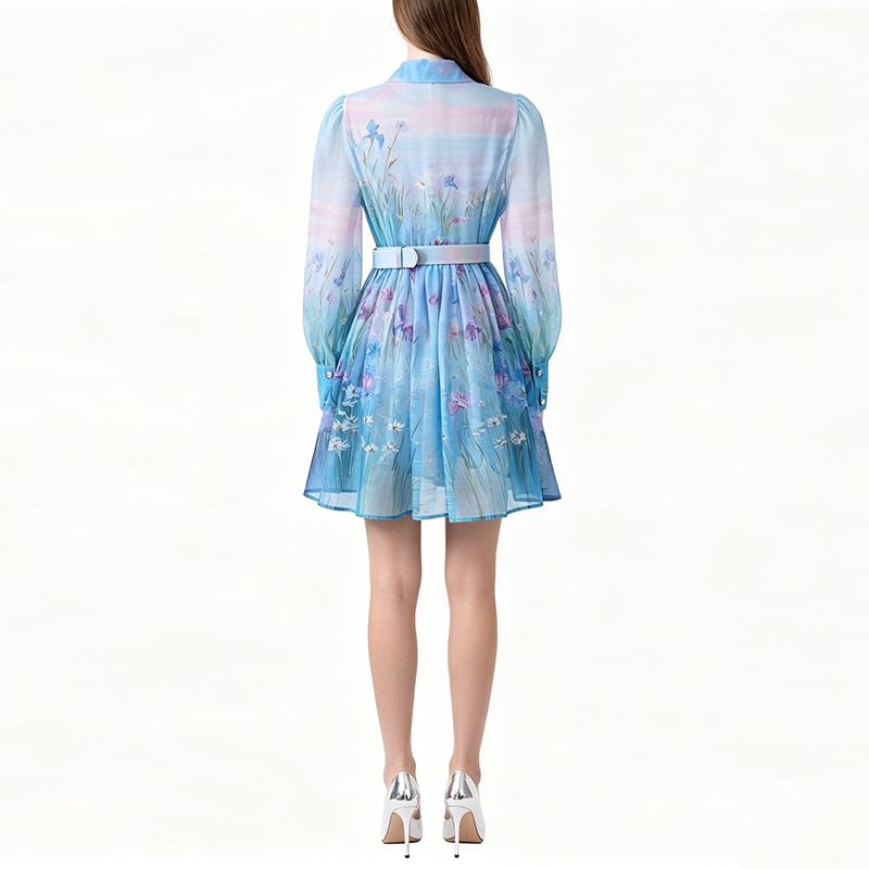 Retro short shirt court style printing dress