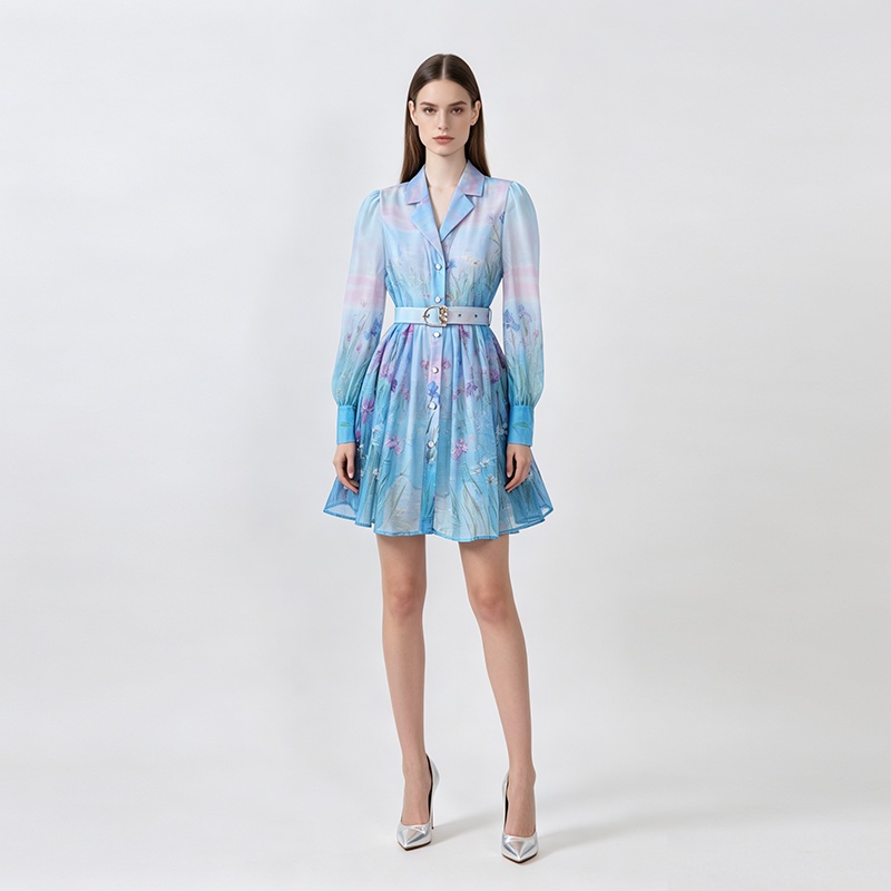 Retro short shirt court style printing dress
