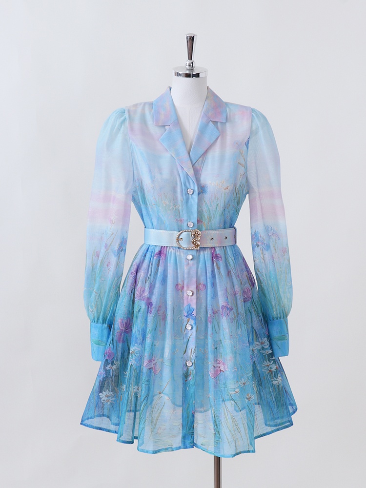 Retro short shirt court style printing dress