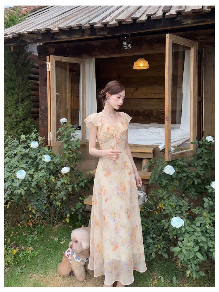 Elegant summer chiffon floral France style dress