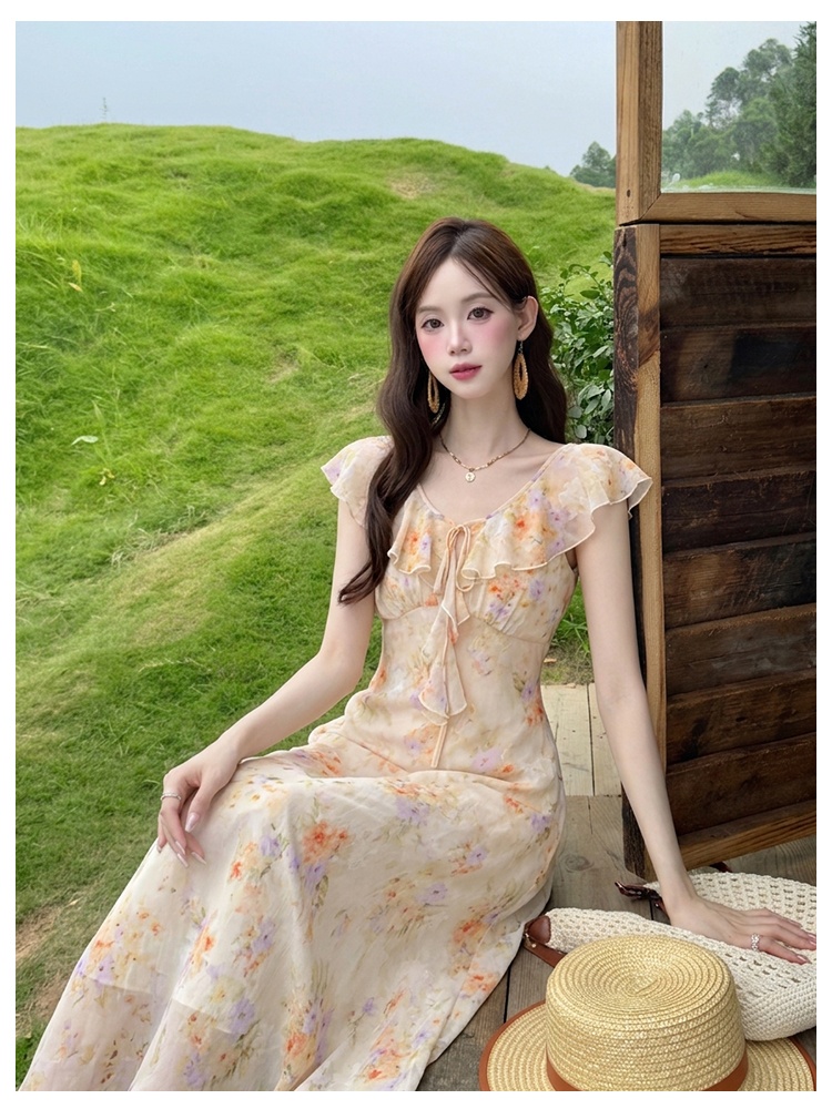 Elegant summer chiffon floral France style dress