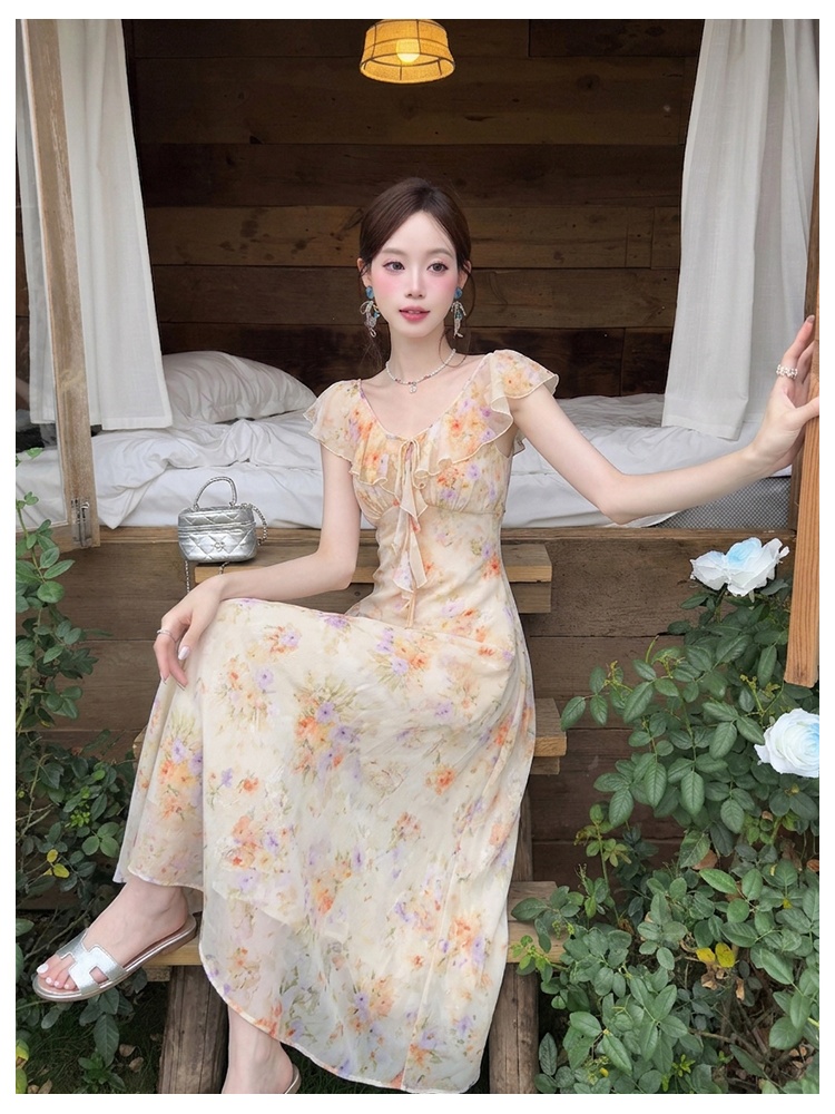 Elegant summer chiffon floral France style dress