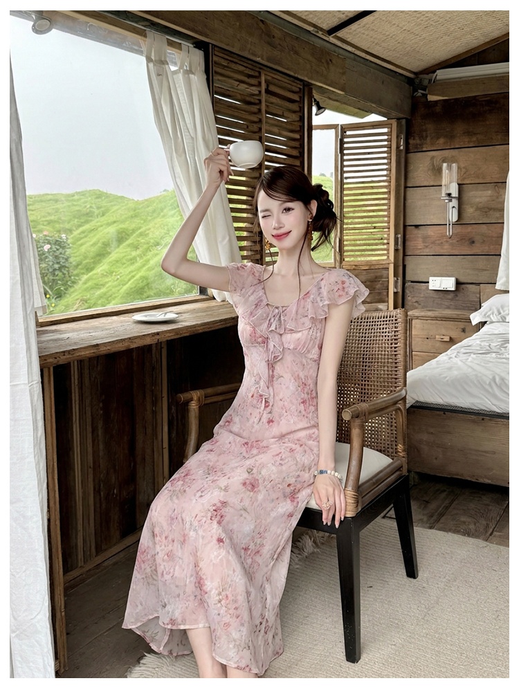 Elegant summer chiffon floral France style dress