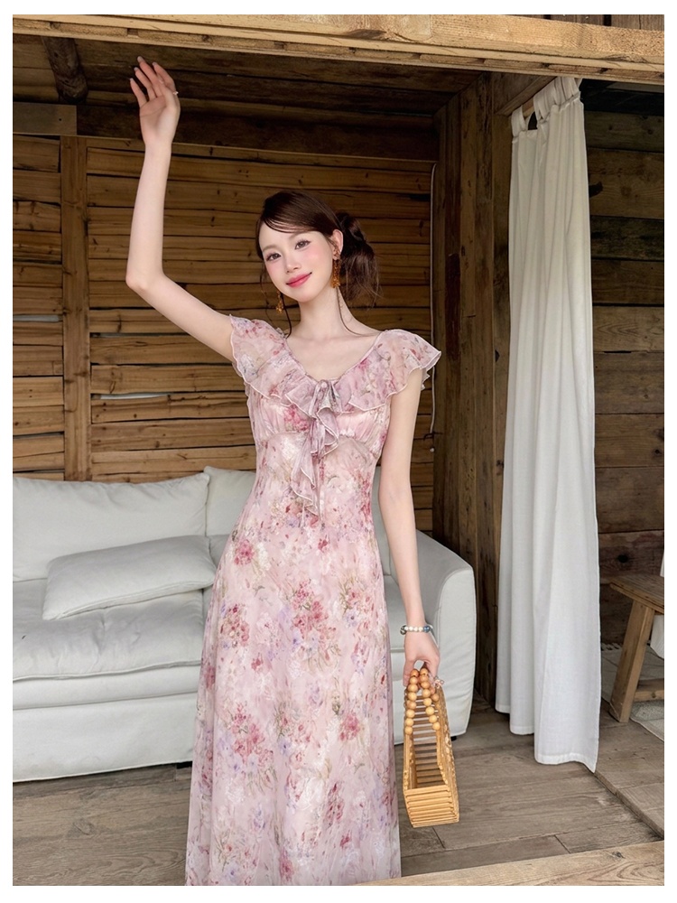 Elegant summer chiffon floral France style dress