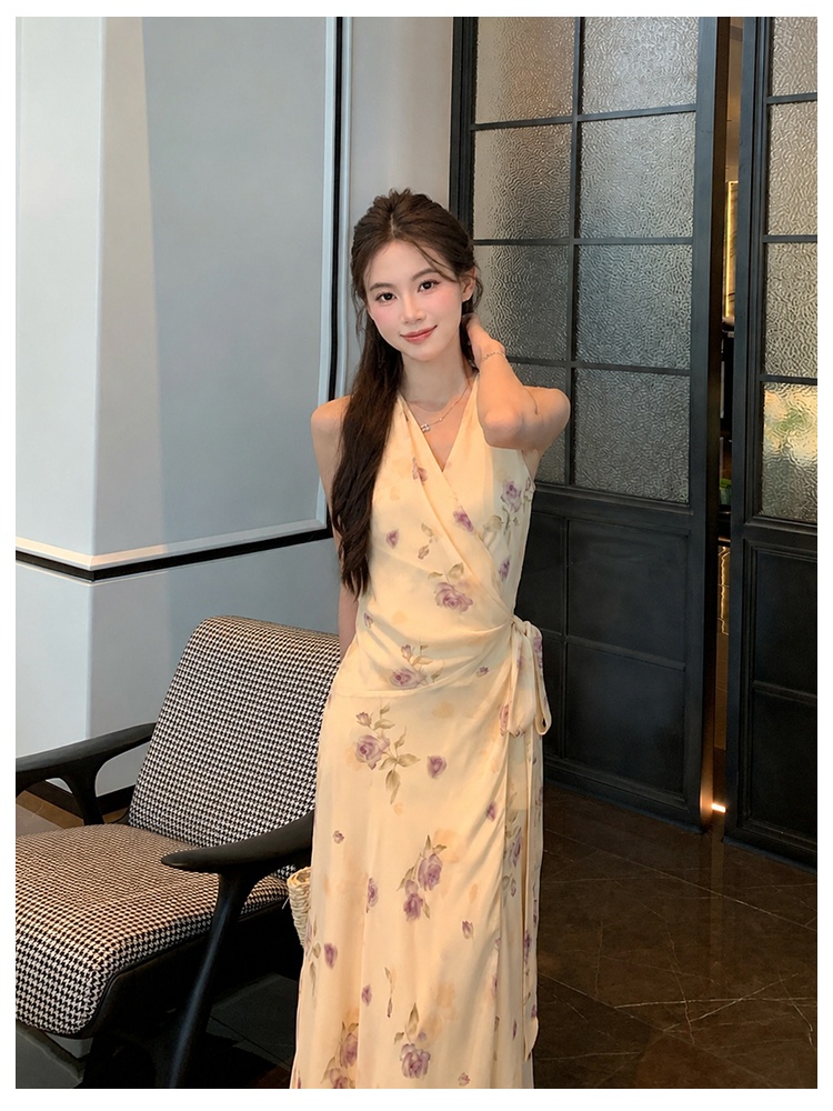 Printing floral chiffon a slice dress for women