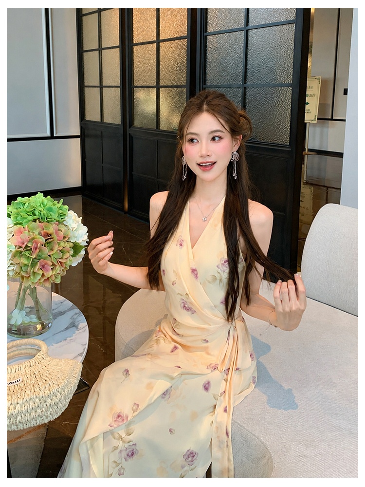 Printing floral chiffon a slice dress for women