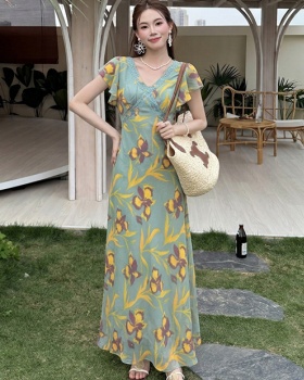 France style printing short sleeve floral dress for women