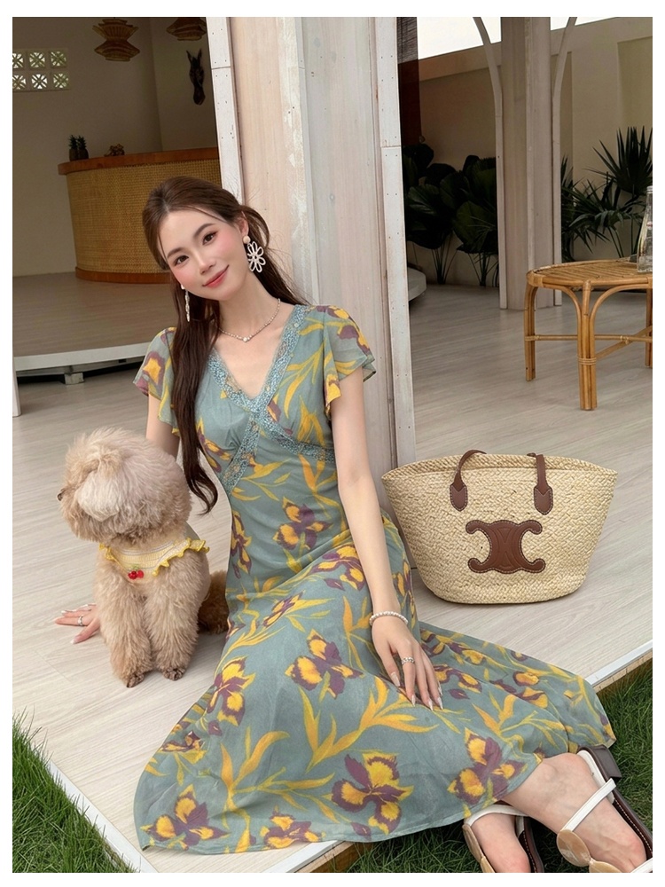 France style printing short sleeve floral dress for women