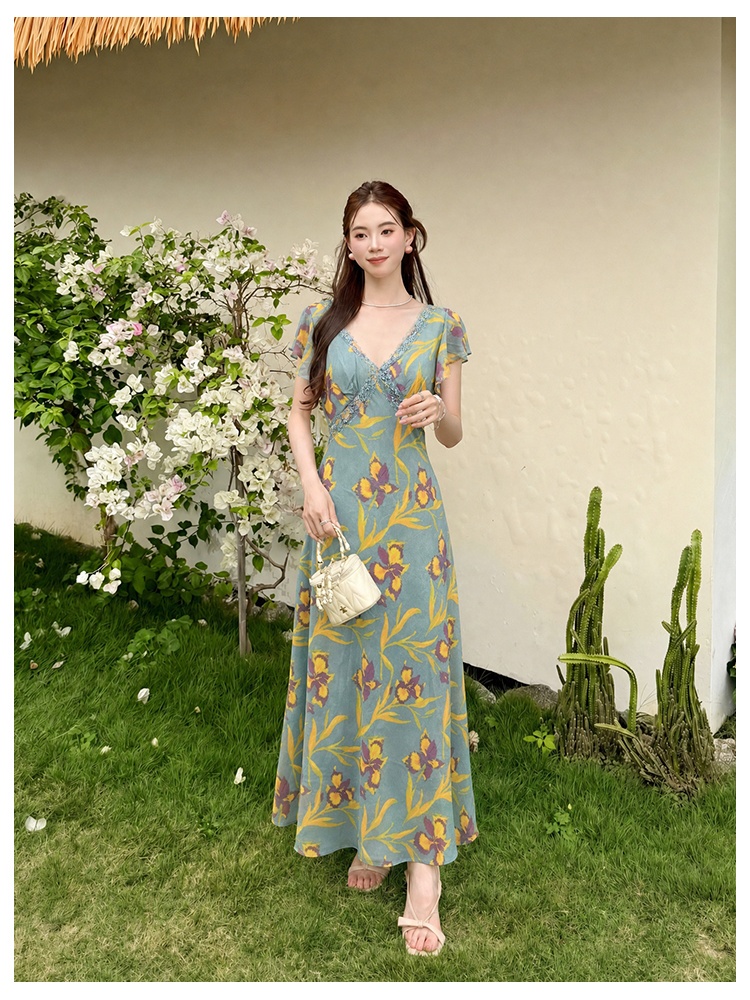 France style printing short sleeve floral dress for women
