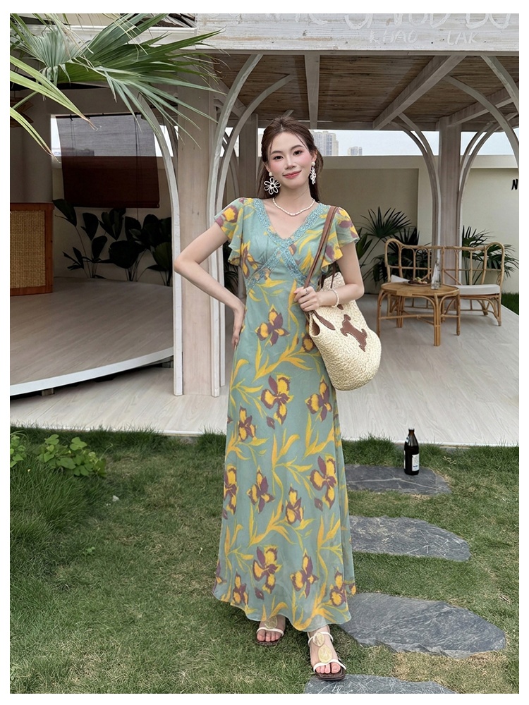 France style printing short sleeve floral dress for women