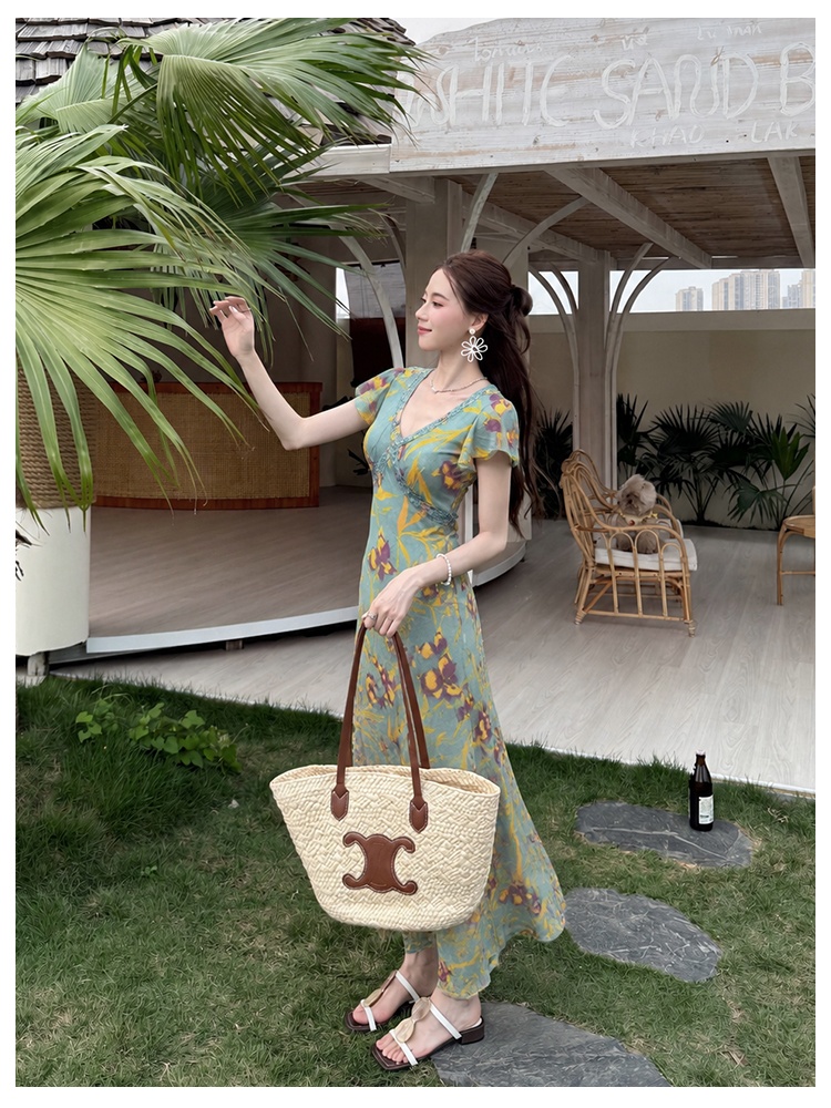 France style printing short sleeve floral dress for women
